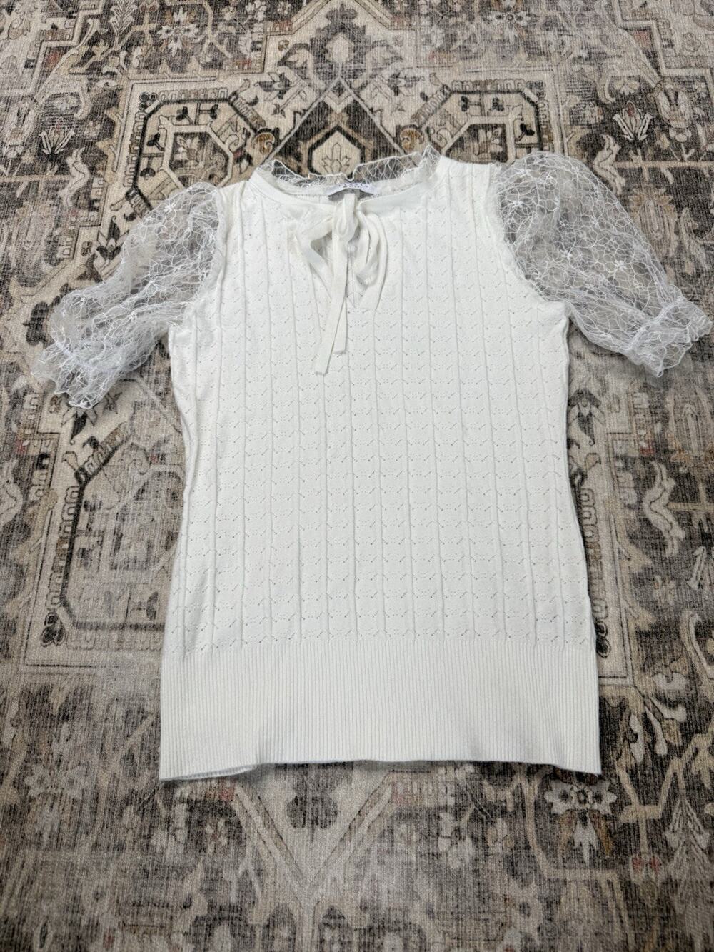 Liquid by Sioni Ivory Lace Puff Sleeve Blouse Sheer Ruffle V-Neck S Romantic